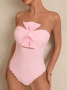 1pc Women's Solid Color Bowknot Accent One-Piece Swimsuit, For Summer Beach Vacation