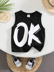 SHEIN Niemowlę Chłopięcy i Dziewczynek Luźny Jednolity Kolor Angielskie Litery Graficzny Bez Rękawów Tank Top, Nadaje Się Do Codziennego Noszenia, Na Zewnątrz, Sport, Sezon Wiosna/Lato