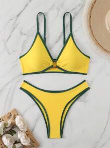Swim Basics Springbreak Women Summer Beach Ruffle Tie Sexy Bikini Swimwear Set - Yellow - View 4