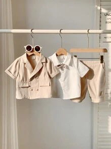 SHEIN Leap Crew 3pcs Baby Boy Outfit Set: Decorated Bowtie Collar Shirt, Elastic Waist Shorts And Notched Collar Short Sleeve Blazer - Apricot - View 6