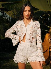 Anewsta Blusa blanca casual y holgada con encaje calado, adecuada para la playa y festivales - Blanco - Ver 3