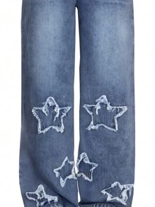 SHEIN 2件套少女夏季粉色星星印花圆领修身短袖上衣和阔腿星星牛仔裤套装