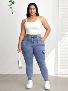 SHEIN CURVE+ Quần Jeans Skinny Lưng Cao Co Giãn Cỡ Lớn Có Túi Hộp, Mùa Hè - Màu xanh lam - Xem 4