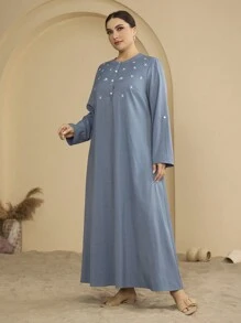 Graceveil Plus Size Fashion Embroidered Round Neck Elegant Dress - Blue - View 7
