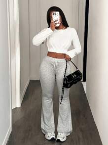 BamGleam Casual Drawstring Waist Slimming Flare Hem Sweatpants - White - View 5