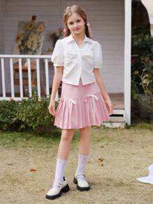 SHEIN 少女白色腰部短上衣，3D 黑色蝴蝶结点缀，短泡泡袖，优雅校园风格 - 白色 - 查看 3