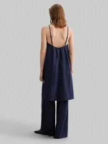 Ontre 2 件套海军蓝条纹吊带背心和阔腿裤，都市休闲风格女士无袖长裤套装，条纹面料搭配，2025 年春夏新品 - 藏蓝色 - 查看 3