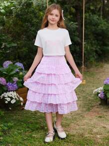 SHEIN Tween Girls 2pcs Bowknot Short Sleeve Top And Plaid Multilayer Cake Skirt Set, Cute & Sweet Style, Suitable For Outings, Social Media Photos - Pink - View 7