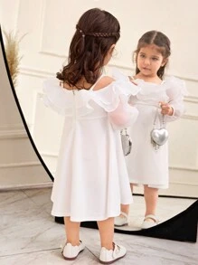 SHEIN Baby Girl Cute Layered Off Shoulder Palazzo Midi Dress - White - View 3