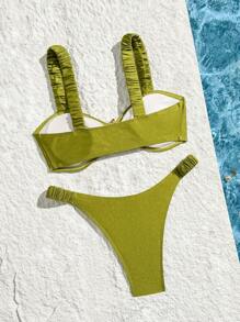 Swim Chiccia Springbreak 新款纯色褶皱粗带金色金属海星高腰沙滩女式泳衣两件套 - 綠色 - 查看 2