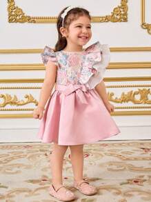 SHEIN Baby Girl 2pcs Set Fitted Cute Round Neck Ruffle Cap Sleeve Shirt And Mini Skirt - Pink - View 4