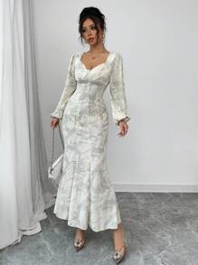 Modelyn Robe longue décontractée à manches longues et encolure en forme de cœur imprimée pour femmes - Bleu azur - Voir 4