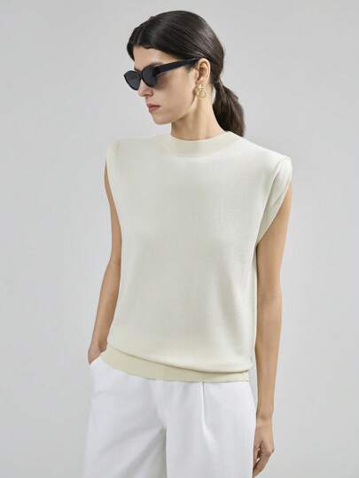 Ontre 女士杏色宽肩带圆领休闲针织毛衣