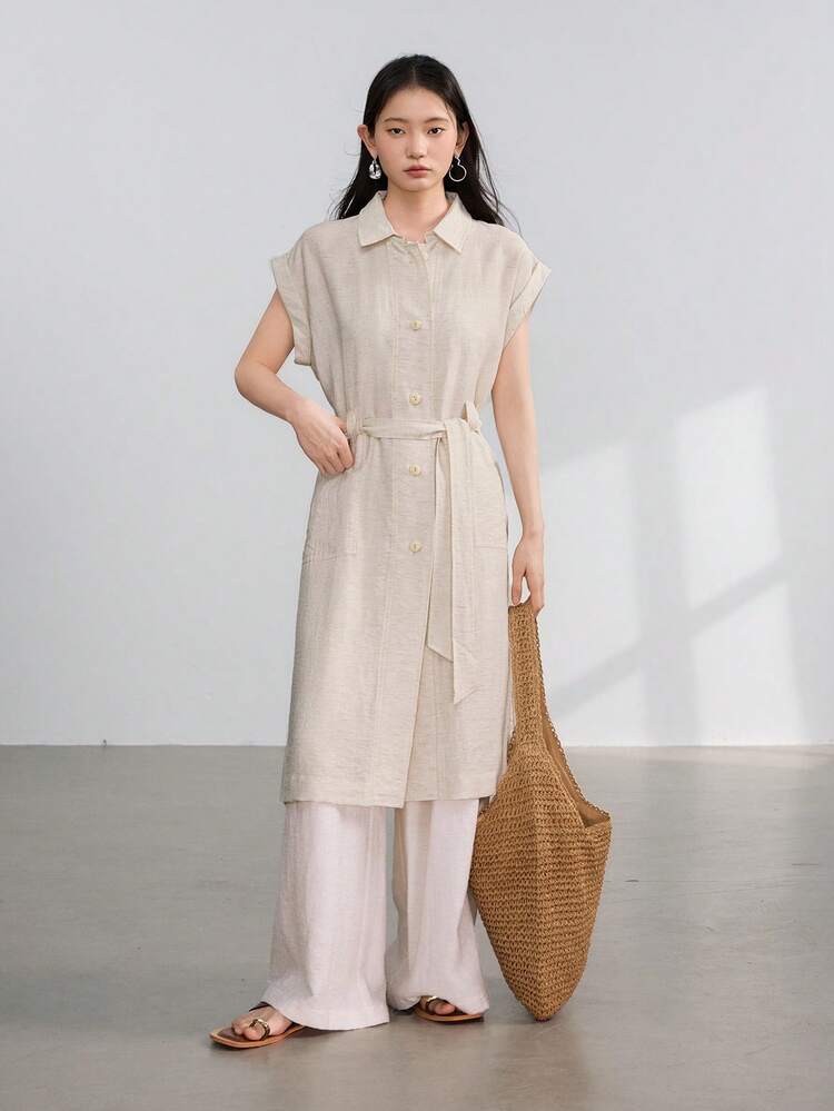Women's Casual Loose Simple Elegant Drawstring Long Shirt & Pants 2pcs Set Linen Business Casual Woman Work Clothes