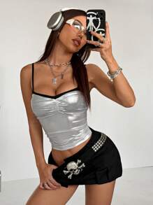 Coolane 女士春夏 Y2K 闪亮金属拼接激光银色背心，适合节日穿着