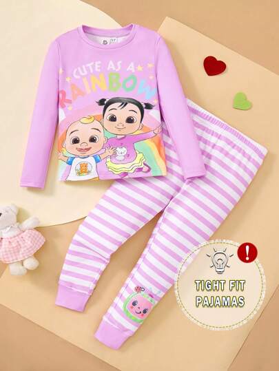 CoComelon X SHEIN 2 pièces/set Ensemble de pyjama pour jeune fille avec Top imprimé arc-en-ciel mignon et pantalon rayé, pyjama décontracté et confortable avec un ajustement près du corps pour enfants