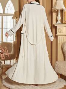 撞色边饰两侧口袋设计翻领提花超长长袍和细肩带连衣裙套装 - 杏色 - 查看 2