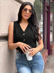 SHEIN LUNE 女式纯色单排扣无袖休闲衬衫 - 黑色 - 查看 6