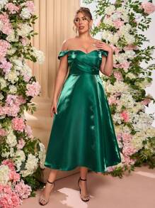 SHEIN Belle Plus Size Elegant & Luxurious Sequin Off Shoulder Mid-Calf A-Line Puffy Party Dress, Wedding Guest Dress, Prom Dress