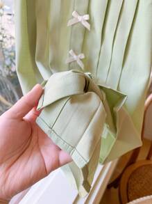SHEIN Baby Girl Cute Green Peter Pan Collar Bow Short Sleeve Dress For Summer - Green - View 6