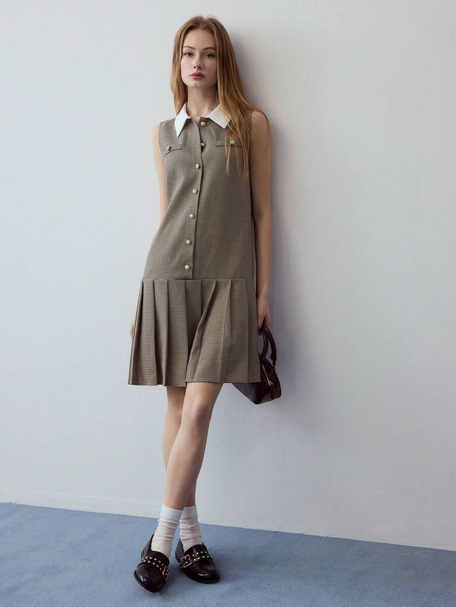MOTF STUDIO 千鸟格褶饰下摆连衣裙 - 卡其色 - 查看 1
