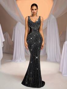 Aureia Elegant Black Luxury Handmade Hot Diamond Sexy Large Round Neck Waist Section Perspective Fishtail Skirt Drag Suitable For Valentine's Day Banquet Party Dinner Dress