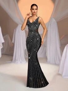 Aureia Elegant Black Luxury Handmade Hot Diamond Sexy Large Round Neck Waist Section Perspective Fishtail Skirt Drag Suitable For Valentine's Day Banquet Party Dinner Dress