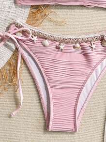 Swim Mod 夏季女士两件套纹理纯色贝壳吊带装饰挂脖系带比基尼套装，手工贝壳数量随机 - 粉色 - 查看 6