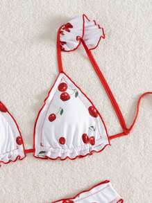 Swim Mod Women's Cherry Print Frill Trim Sexy Bikini Set, Vacation, For Summer Beach - Multicolor - View 4