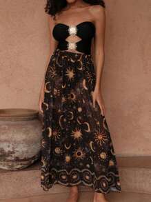 Swim Oasis 春假纯色女士无肩带向日葵装饰连体泳衣和随机印花薄纱沙滩裙，度假和节日波西米亚风格