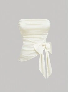 SHEIN MOD Váy Maxi Maxi Không Dây Nơ Màu Mơ, Bộ Trang Phục Thanh Lịch Cho Nữ Cỡ Lớn - Màu be - Xem 3