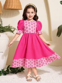SHEIN Young Girl Print Patchwork Blouson Sleeve Round Neck Dress, Easter - Pink - View 1