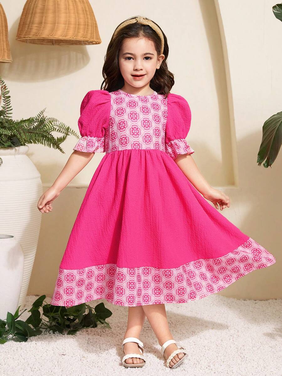 SHEIN Young Girl Print Patchwork Blouson Sleeve Round Neck Dress, Easter - Pink - View 1