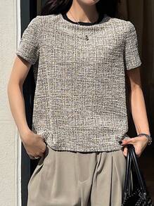 Dazy Star Women Casual/Work Commute Color Block Round Neck Short Sleeve T-Shirt Plaid - Apricot - View 2