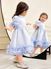 SHEIN 女婴立领短袖荷叶边缎面中长连衣裙 - 藍色 - 查看 5