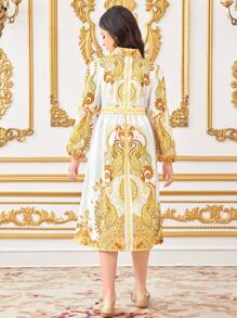 SHEIN Tween 女童融合休闲优雅宫廷风图案翻领长袖连衣裙