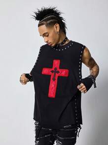 ROMWE MEN Street Life Men's Punk Cross Print Round Neck Casual Tank Top - Black - View 1