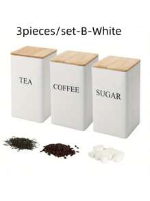 SHEIN Set de 3 botes cuadrados de metal con tapas de madera/hierro - Té, azúcar, café