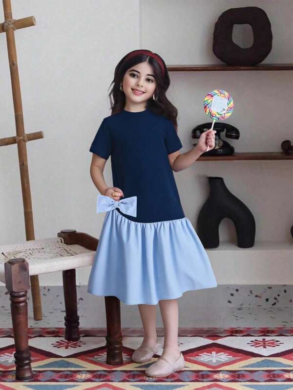 Tween Girl Solid Color Patchwork Round Neck Short Sleeve Dress With Bow Decor