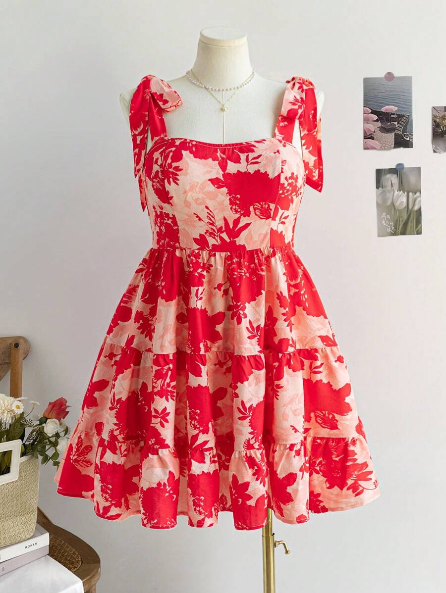Soleia Vestido corto de línea A con cuello cuadrado, sin mangas, con lazo, cintura ajustada y estampado floral bohemio, en estilo romántico campestre para mujer de talla grande, para el verano