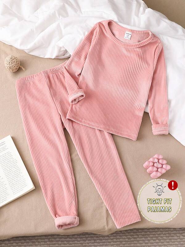 2 piezas Conjunto de niña joven - Top de manga larga y leggings de terciopelo, ajuste ceñido, color rosa, para otoño/invierno