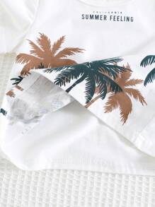 Cozy Pixies 2pcs Baby Boy Set: Coconut Tree Print Soft Knit Crew Neck Short Sleeve Pullover Top And Elastic Waist Shorts, Beach Outfit
