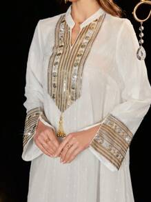 Al Najma Elegant Solid Color Embroidered Sequins Decor Women's Dress, Modest Kaftan - White - View 6