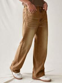 Chillumni Jeans casuales de ajuste holgado y oversize con bloqueo de color vintage para hombres - Caqui - Ver 4