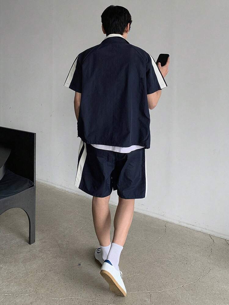 Men Solid Color Patchwork Short Sleeve T-Shirt And Shorts Set, Minimalist