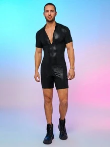 Men's Printed Snake Skin Tight One-Piece Shorts With Suspenders - Black - View 3