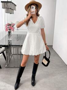 SHEIN LUNE Women's Casual Solid Color Jacquard Texture Mini Dress With V-Neck, Short Sleeve, Everyday Basic Dress For Spring/Summer - White - View 1