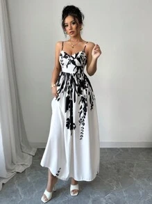 Chiquease Women's Asymmetrical Digital Print Spaghetti Strap Waisted Pleated Long Dress - Multicolor - View 6