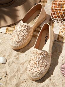 Styleloop Apricot Velvet Embroidered Linen Rope Sole Flats, Elegant Casual Vacation Party Date Wedding Banquet Bohemian Western Music Festival Wear - Apricot - View 1