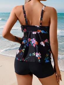 Swim Lushoire 2pcs/Set Colorful Printed Ruffled Cami Tankini Set For Women, Summer Beach Vacation Outfits - Multicolor - View 2